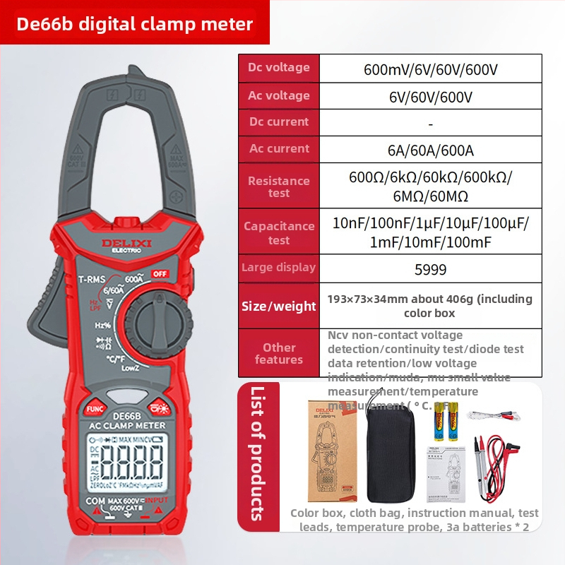 Delixi Electric DE66A Magas Pontosságú Intelligens Clamp Meter NCV AC/DC Áram és Feszültség Méréséhez