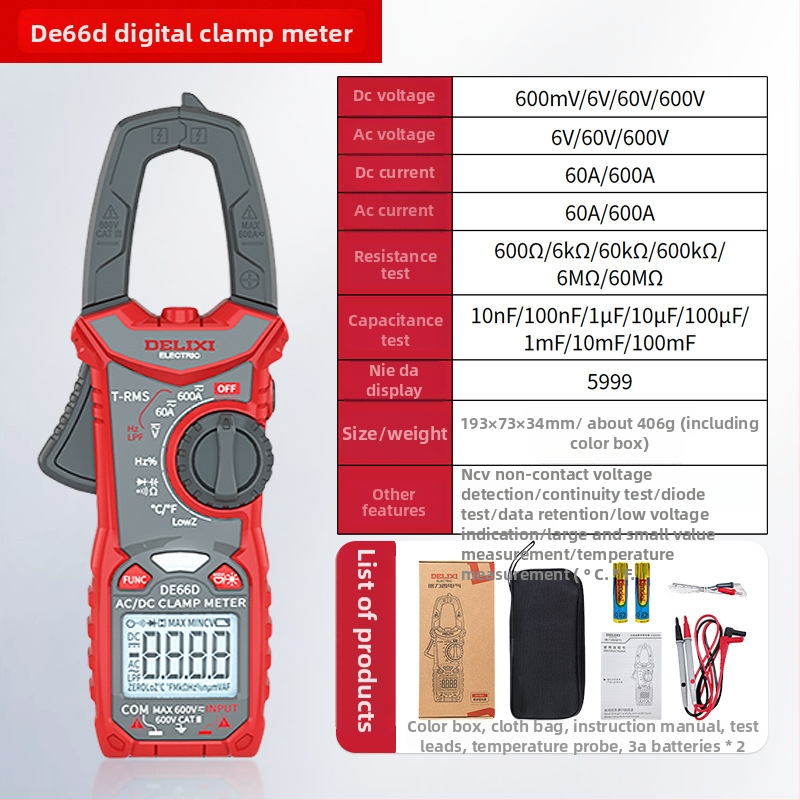 Delixi Electric DE66A Magas Pontosságú Intelligens Clamp Meter NCV AC/DC Áram és Feszültség Méréséhez