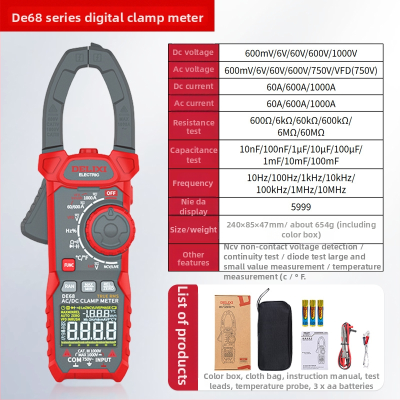 Delixi Electric DE66A Magas Pontosságú Intelligens Clamp Meter NCV AC/DC Áram és Feszültség Méréséhez