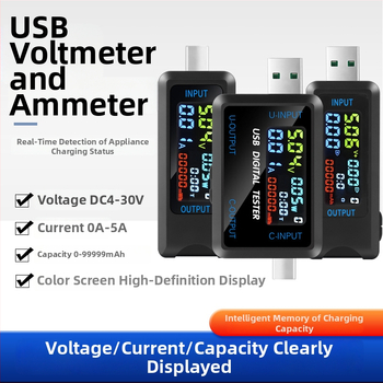 USB Type-C többfunkciós teszter valós idejű feszültség-, áram- és kapacitásfigyeléssel; feszültségtartomány 4,5–36 V; működési hőmérséklet -10–60 °C; tömeg 19,8 g
