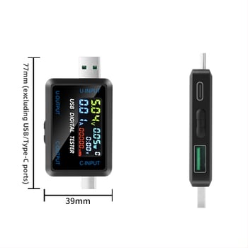 USB Type-C többfunkciós teszter valós idejű feszültség-, áram- és kapacitásfigyeléssel; feszültségtartomány 4,5–36 V; működési hőmérséklet -10–60 °C; tömeg 19,8 g
