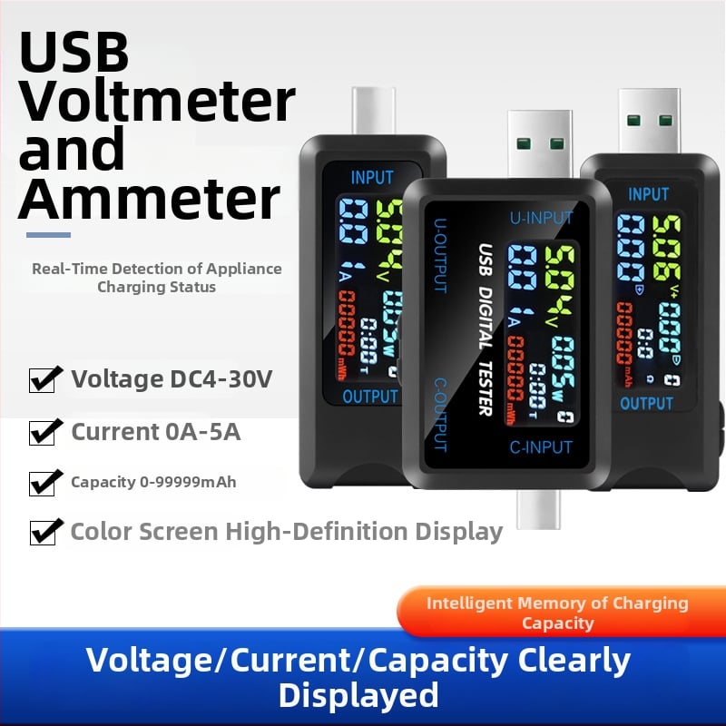 USB Type-C többfunkciós teszter valós idejű feszültség-, áram- és kapacitásfigyeléssel; feszültségtartomány 4,5–36 V; működési hőmérséklet -10–60 °C; tömeg 19,8 g