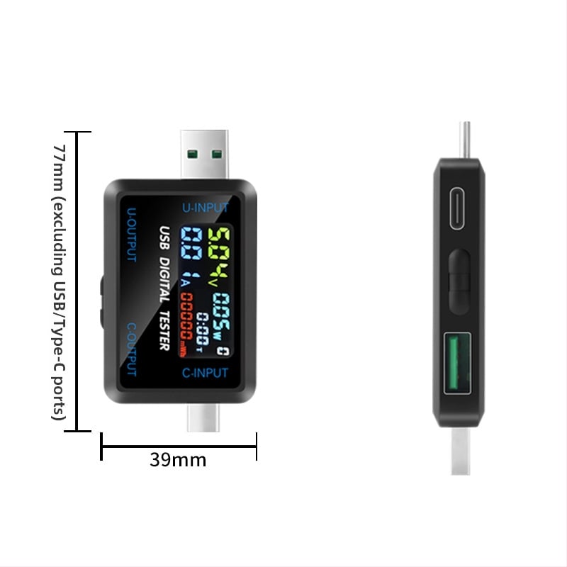 USB Type-C többfunkciós teszter valós idejű feszültség-, áram- és kapacitásfigyeléssel; feszültségtartomány 4,5–36 V; működési hőmérséklet -10–60 °C; tömeg 19,8 g