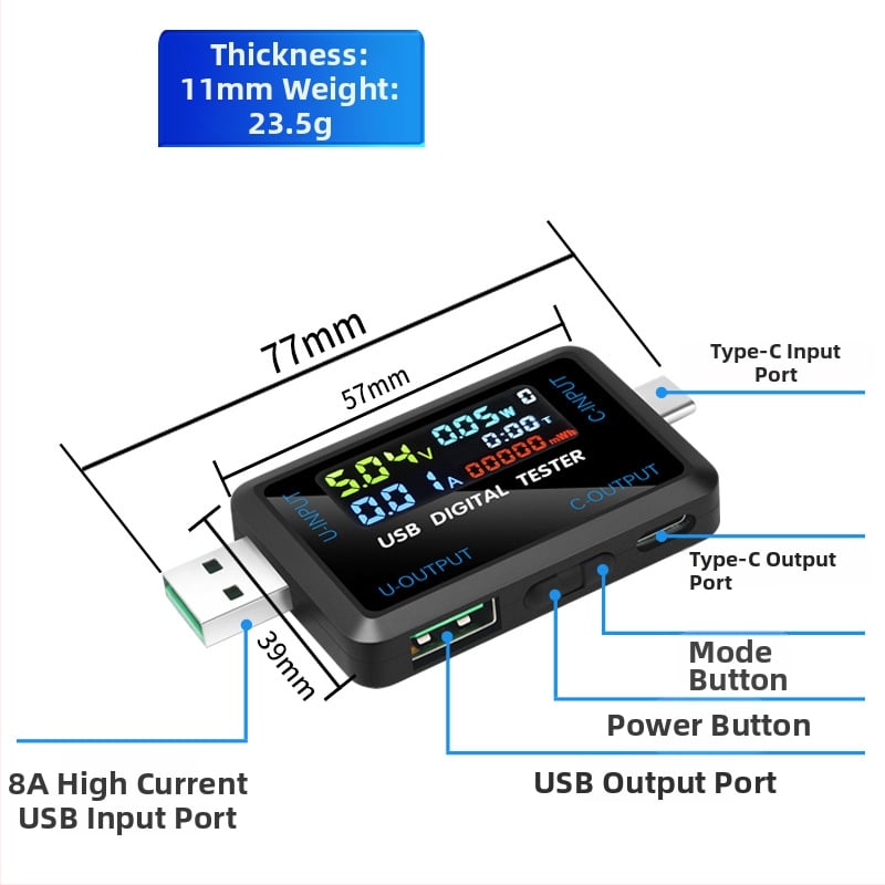 USB Type-C többfunkciós teszter valós idejű feszültség-, áram- és kapacitásfigyeléssel; feszültségtartomány 4,5–36 V; működési hőmérséklet -10–60 °C; tömeg 19,8 g