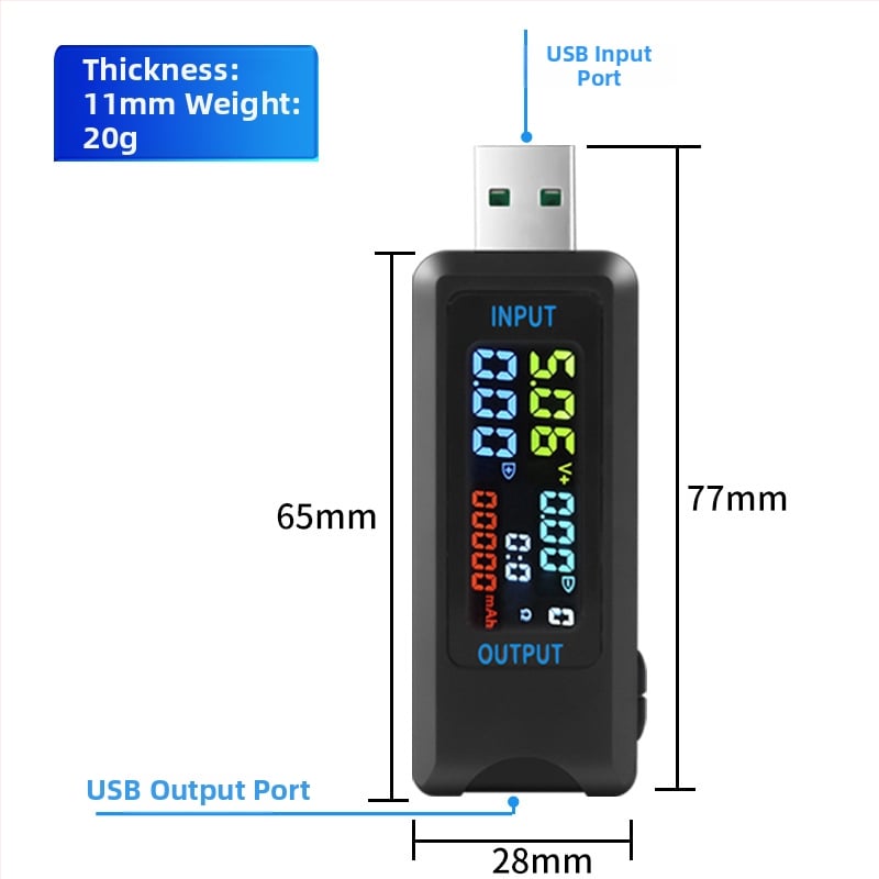 USB Type-C többfunkciós teszter valós idejű feszültség-, áram- és kapacitásfigyeléssel; feszültségtartomány 4,5–36 V; működési hőmérséklet -10–60 °C; tömeg 19,8 g