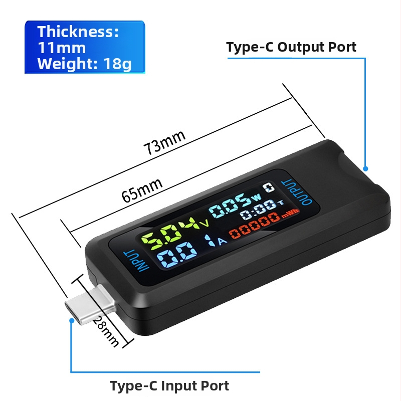 USB Type-C többfunkciós teszter valós idejű feszültség-, áram- és kapacitásfigyeléssel; feszültségtartomány 4,5–36 V; működési hőmérséklet -10–60 °C; tömeg 19,8 g