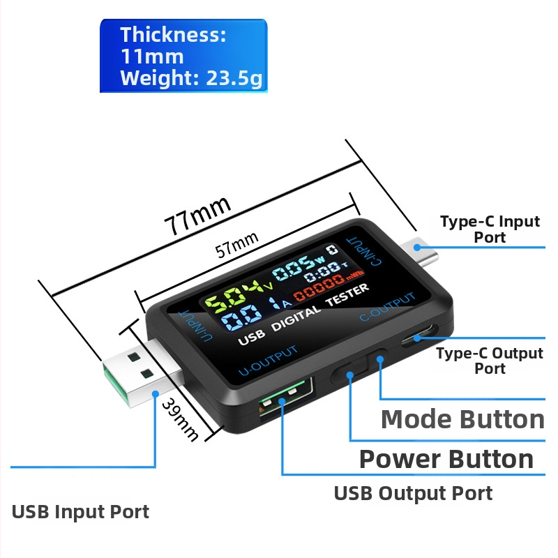 USB Type-C többfunkciós teszter valós idejű feszültség-, áram- és kapacitásfigyeléssel; feszültségtartomány 4,5–36 V; működési hőmérséklet -10–60 °C; tömeg 19,8 g