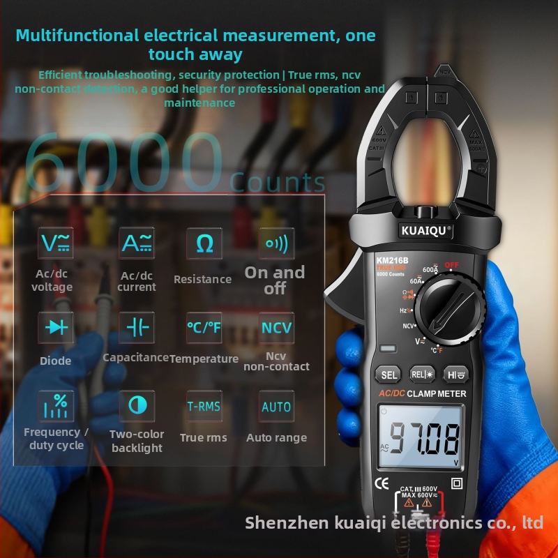 Kuaiqu KM216B kliešťový ampermeter, 600V DC/AC, meranie prúdu do 600A