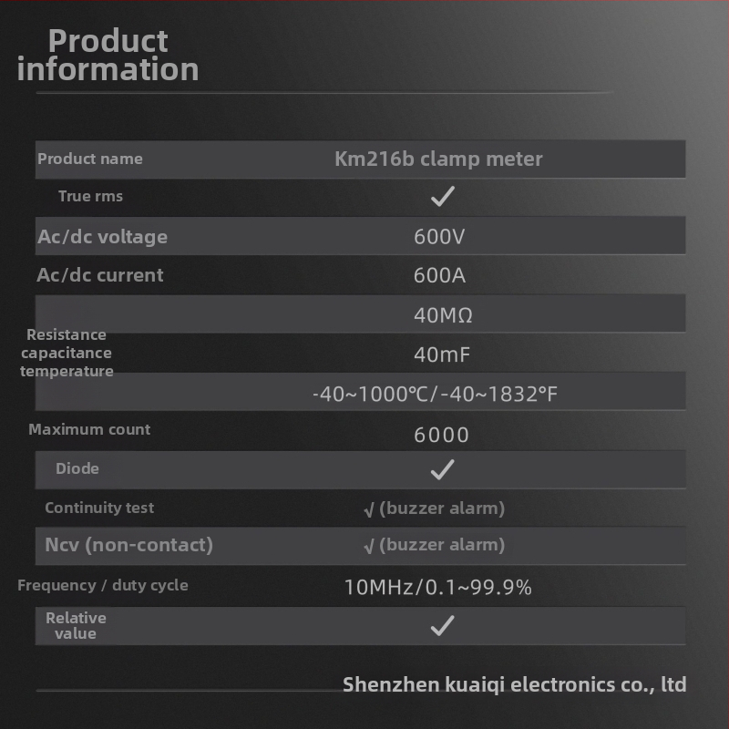 Kuaiqu KM216B kliešťový ampermeter, 600V DC/AC, meranie prúdu do 600A