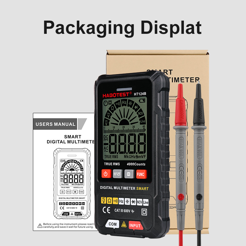 HABOTEST HT124B ψηφιακό πολύμετρο με αυτόματο εύρος μέτρησης, υψηλή ακρίβεια и προστασία από καύση; εύρος χωρητικότητας 0–4 mF; CAT III 600V ασφάλεια