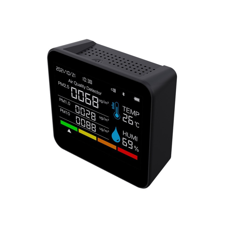 Axess Zn-2co11 CO2 és többgázas detektor, mérési tartomány 400-5000 ppm, méri CO2-t, formaldeidot, TVOC-t, PM2.5/PM1.0/PM10-et, hőmérséklet és páratartalom, DC tápegység