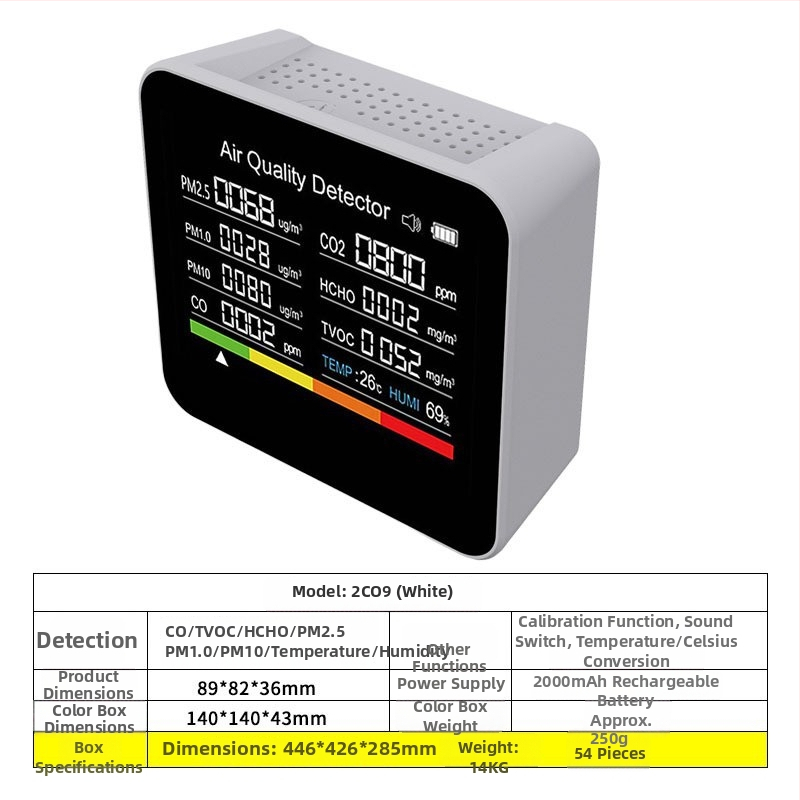 Axess Zn-2co11 CO2 a viacgazový detektor, rozsah merania 400-5000 ppm, meria CO2, formaldehyd, TVOC, PM2.5/PM1.0/PM10, teplota a vlhkosť, napájanie DC
