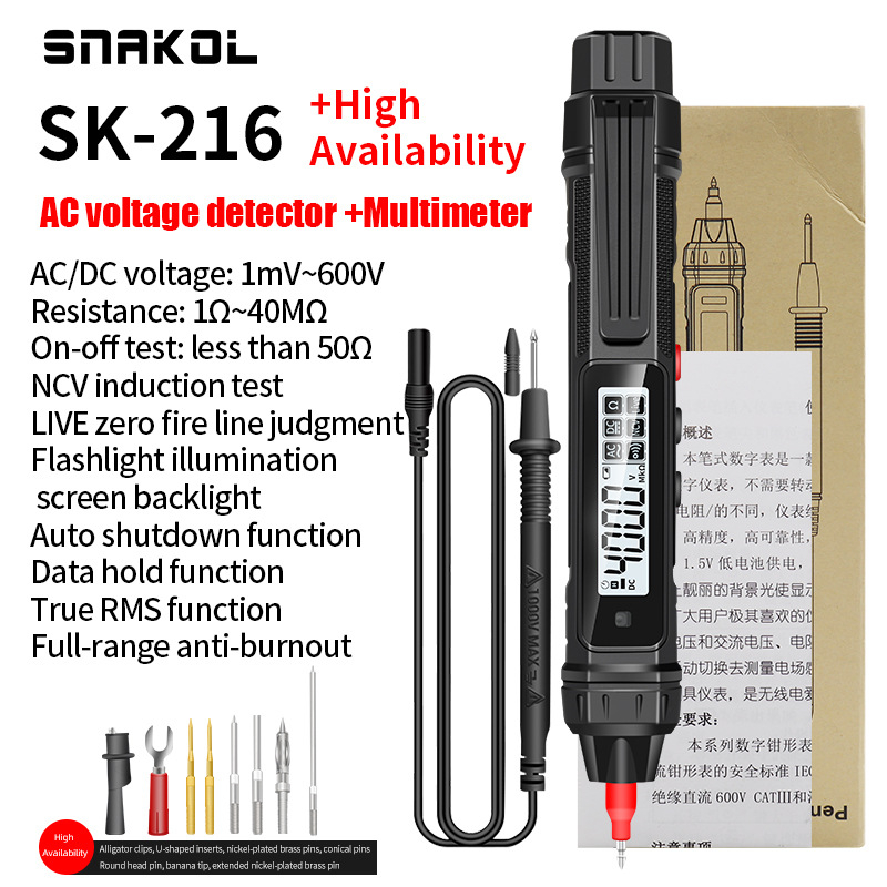 Snaco SK-216 Ψηφιακός ηλεκτρομέτρο-μετρητής με ευφυή επαγωγή, υψηλής ακρίβειας μέτρηση τάσης για επαγγελματική χρήση (περιλαμβάνει καθολικό στυλό μέτρησης και ηλεκτρικό τεστ στυλό)