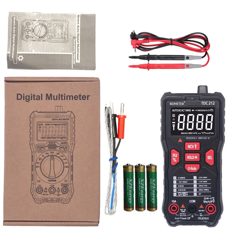Okos digitális multiméter gombbal, automatikus kijelző, kézi kivitel – égési és esés elleni védelem (Modell TDC212; otthon, diákok, professzionális használat, javítás; CE ISO9001 FCC)