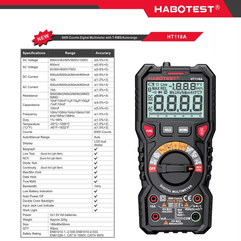 HABOTEST HT118A Ručni Digitalni Multimetar s Dvostrukim Osvjetljenjem, Visoka Preciznost, Automatsko Rasponiranje, Mjeri AC/DC Napon i Struju
