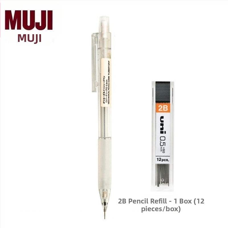 Muji механичен молив, 0,5 мм графитова сърцевина, 2B/HB, прозрачно тяло, пластмасов корпус, ергономичен дизайн за намаляване на умората