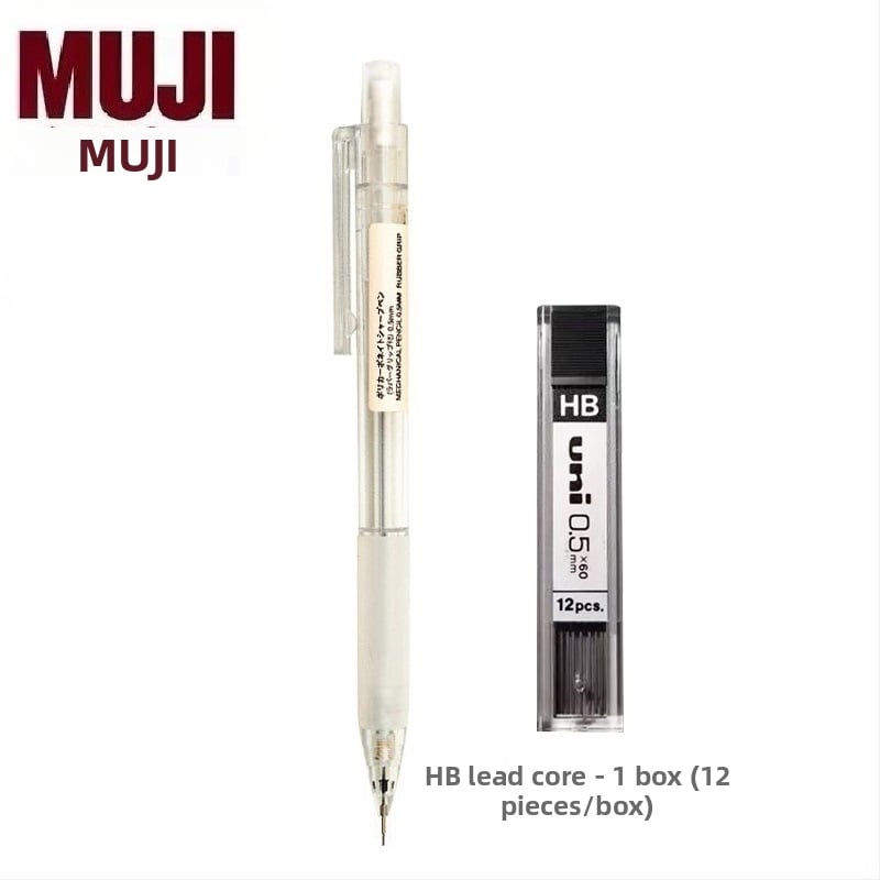 Muji механичен молив, 0,5 мм графитова сърцевина, 2B/HB, прозрачно тяло, пластмасов корпус, ергономичен дизайн за намаляване на умората