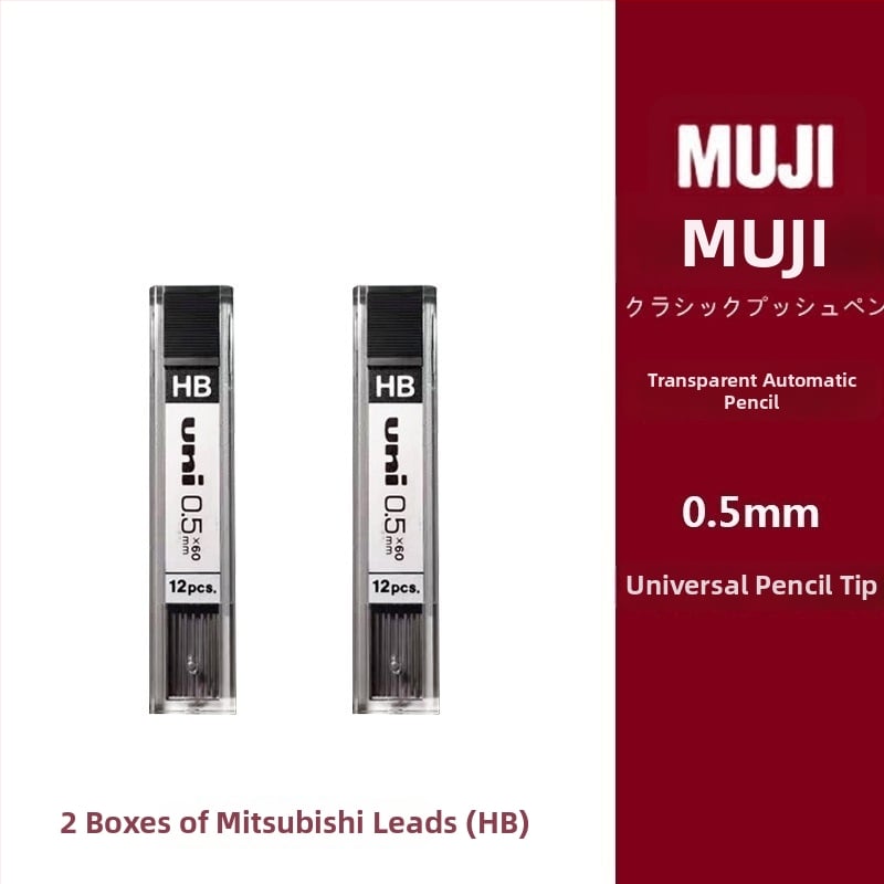 Muji механичен молив, 0,5 мм графитова сърцевина, 2B/HB, прозрачно тяло, пластмасов корпус, ергономичен дизайн за намаляване на умората