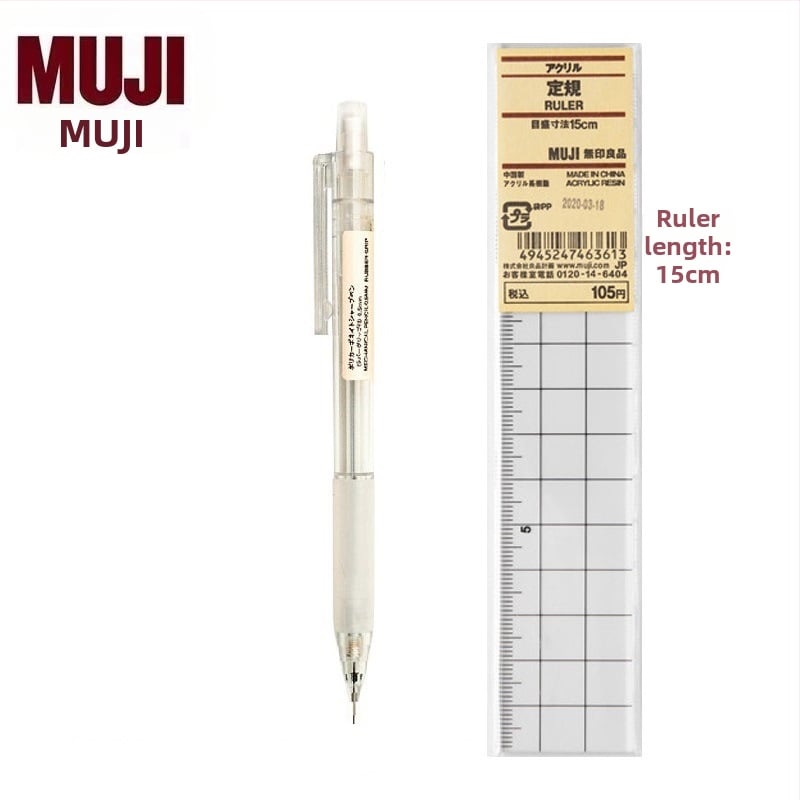Muji механичен молив, 0,5 мм графитова сърцевина, 2B/HB, прозрачно тяло, пластмасов корпус, ергономичен дизайн за намаляване на умората