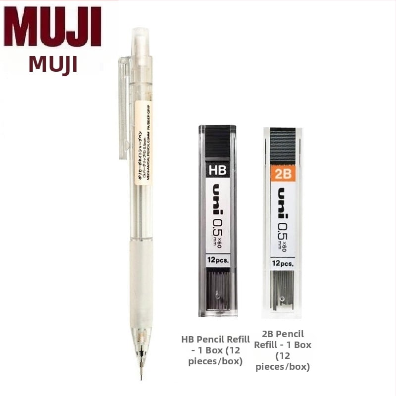 Muji механичен молив, 0,5 мм графитова сърцевина, 2B/HB, прозрачно тяло, пластмасов корпус, ергономичен дизайн за намаляване на умората