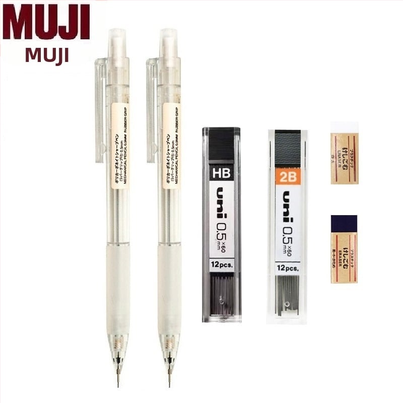 Muji механичен молив, 0,5 мм графитова сърцевина, 2B/HB, прозрачно тяло, пластмасов корпус, ергономичен дизайн за намаляване на умората