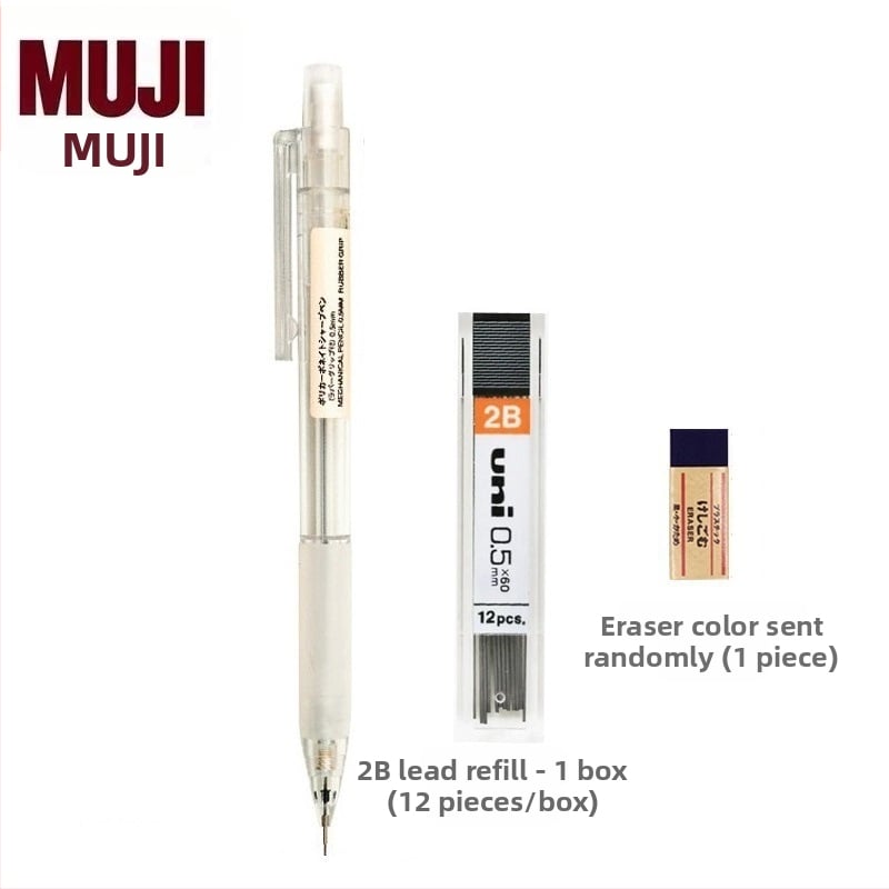 Muji механичен молив, 0,5 мм графитова сърцевина, 2B/HB, прозрачно тяло, пластмасов корпус, ергономичен дизайн за намаляване на умората