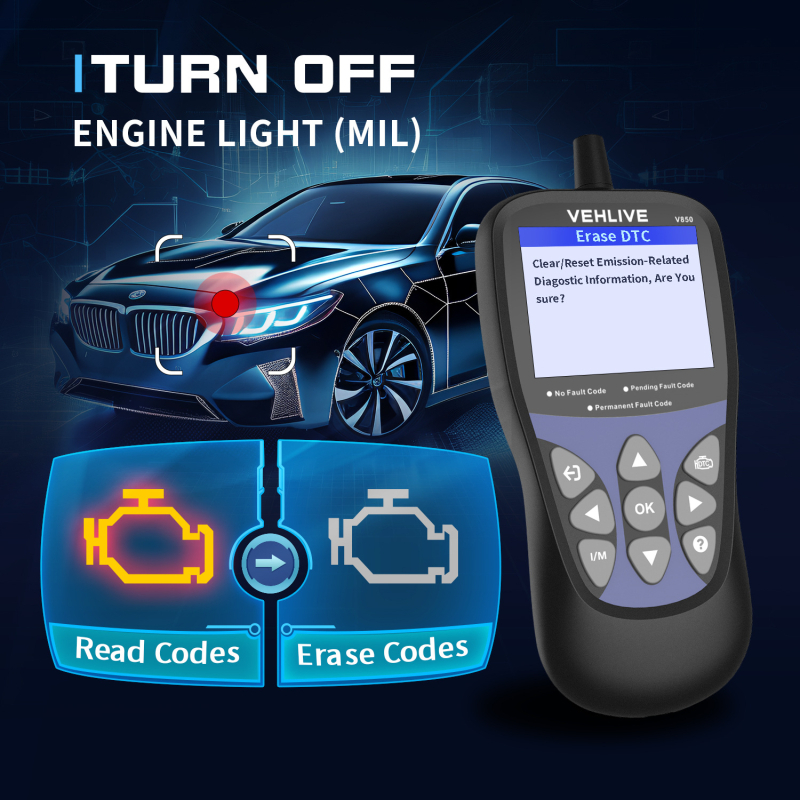 V850 OBD2 автомобилен диагностичен инструмент за повреди, тестер за батерия и детекция на повреди на двигателя, четец на диагностични кодове (Напрежение 8-18V; Температура 55°C; Модел V850; Бранд obdll)