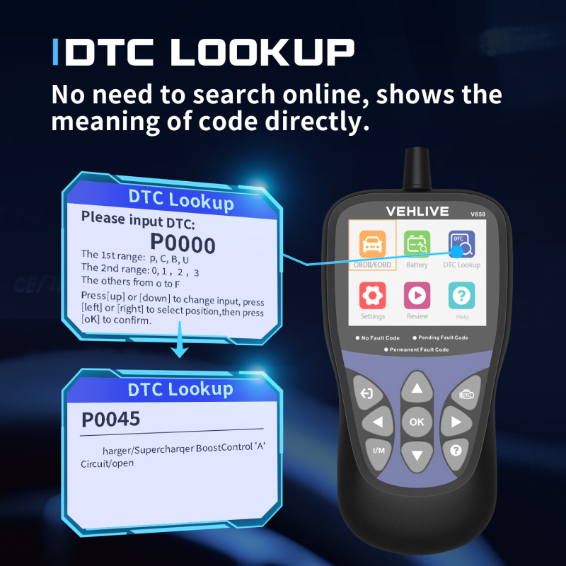 V850 OBD2 автомобилен диагностичен инструмент за повреди, тестер за батерия и детекция на повреди на двигателя, четец на диагностични кодове (Напрежение 8-18V; Температура 55°C; Модел V850; Бранд obdll)