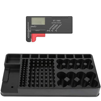 Digitális feszültségmérő készülék 98-cellás akkumulátor tároló dobozzal, kivehető feszültségdetektorral; mérési tartomány: 1,5–9 V; bemeneti feszültség: általános; környezeti hőmérséklet 0–40°C