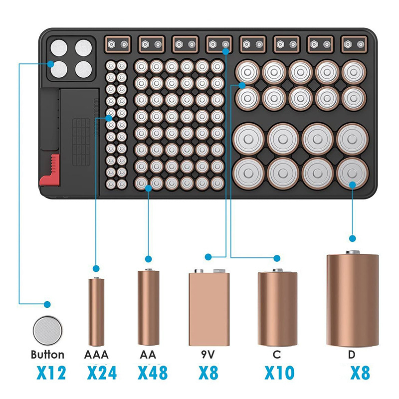 Digitális feszültségmérő készülék 98-cellás akkumulátor tároló dobozzal, kivehető feszültségdetektorral; mérési tartomány: 1,5–9 V; bemeneti feszültség: általános; környezeti hőmérséklet 0–40°C