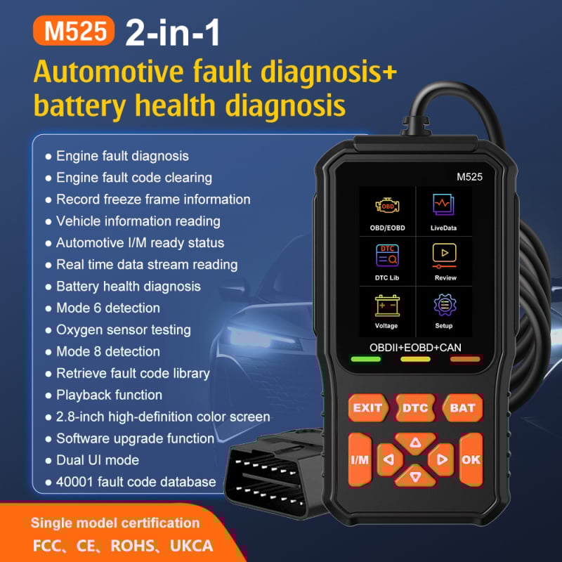 OBD2 Инструмент за диагностика на двигателни неизправности, модел M525, 9-16V, -20°C до 65°C, съвместим с всички модели