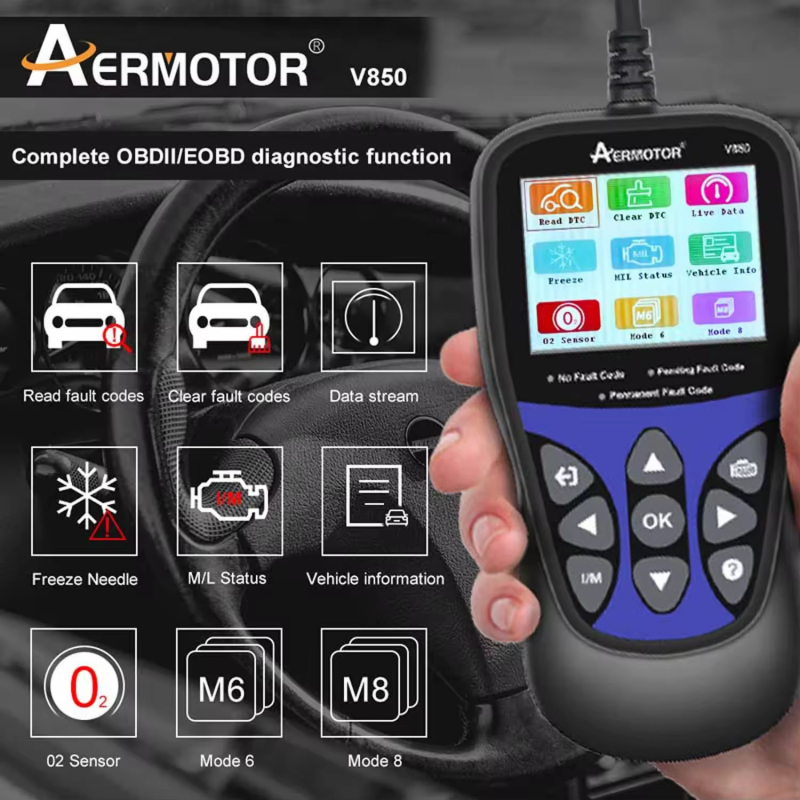 V850 OBD2 skener s testerom baterije, EOBD/CAN čitač kodova motora