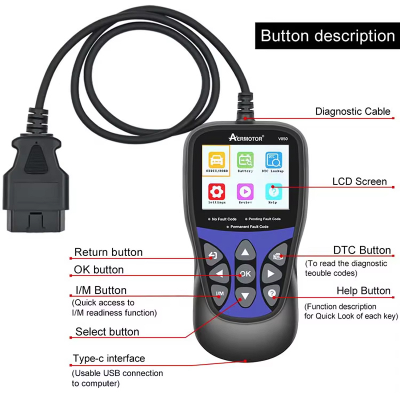 V850 OBD2 skener s testerom baterije, EOBD/CAN čitač kodova motora