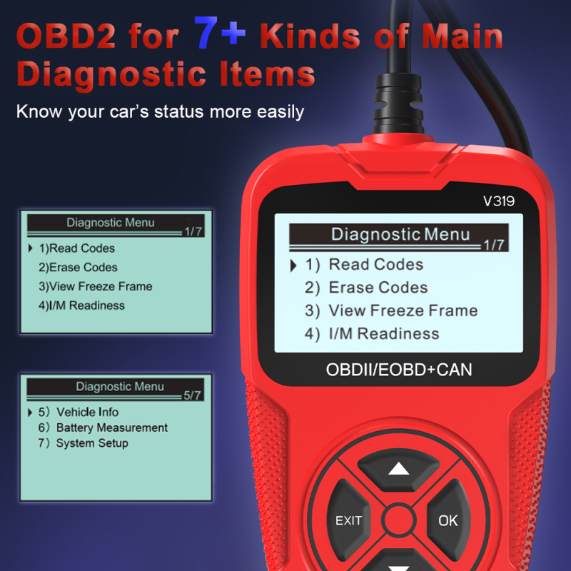 V319 ručni automobilni dijagnostički skener, 2,4-inčni zaslon, raspon napona 8–36 V, OBD2