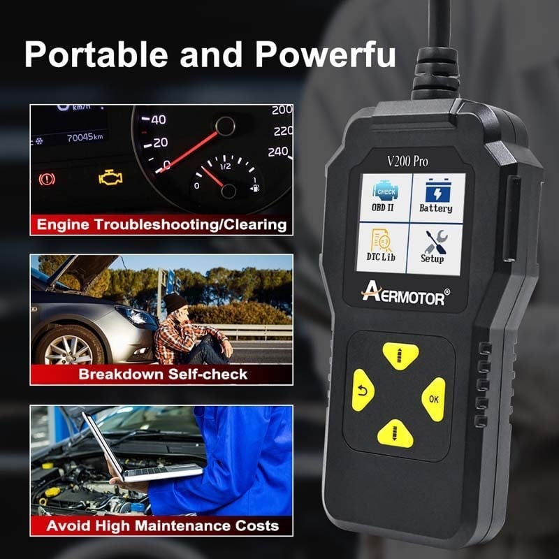 Automobilski detektor kvarova V200PRO od Aer – ELM327 OBD čitač kodova, napajanje 12–24V, provjera baterije, radna temperatura 56