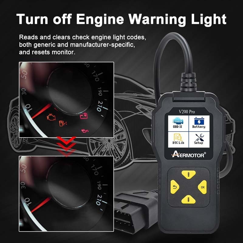 Automobilski detektor kvarova V200PRO od Aer – ELM327 OBD čitač kodova, napajanje 12–24V, provjera baterije, radna temperatura 56