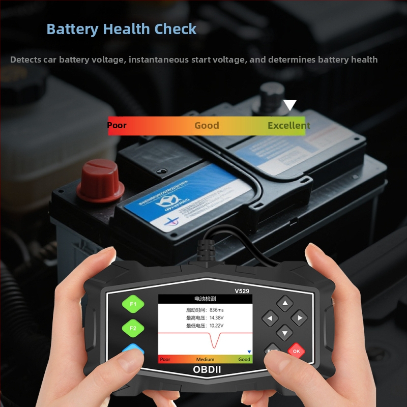 V529 OBD2 skener – Detektor kvara automobila za motor, prijenos, bateriju i ispušni sustav; napajanje 6V; radna temperatura −20 do 50°C