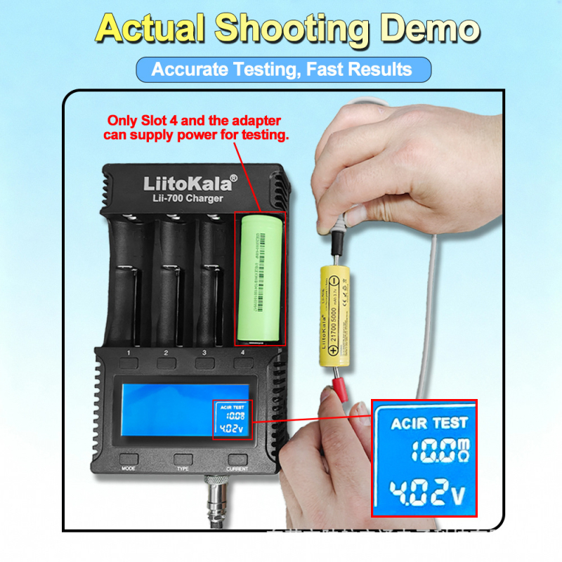 Liitokala többfunkciós akkumulátor töltő belső ellenállás mérővel – az akkumulátor kapacitásának kimutatása; bemenet AC 100-240V; kimenet DC 4.2V 3A