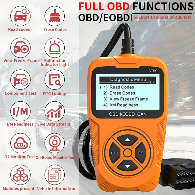 Ръчно устройство за диагностика на автомобилни кодове, модел V319, съвместимо с OBD2, захранване 8-36V, работна температура 0-50°C