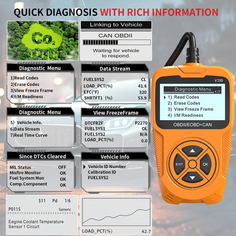 Ръчно устройство за диагностика на автомобилни кодове, модел V319, съвместимо с OBD2, захранване 8-36V, работна температура 0-50°C