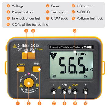 VC60B tester digital de izolație în megohmi, pentru sisteme fotovoltaice, tensiune înaltă, alimentare cu 6 baterii AA