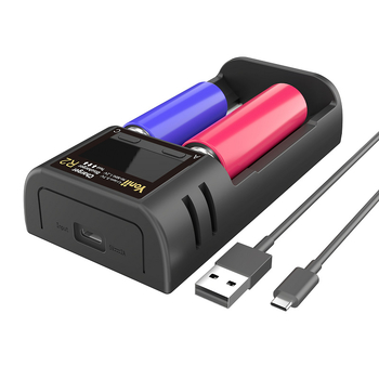 Type-C 3.7V lítium-akkumulátor kettős foglalatú töltő LCD kapacitásmérővel, kompatibil AA/AAA/18650/21700/26650/18500 cellákkal, bemenet DC5V2A Type-C, kimenet 2A, CE/FCC tanúsított