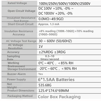AR907A+ digitálny vysokonapäťový megohmmetr na meranie izolačného odporu, testovacie napätie 2500V, presnosť ±5%
