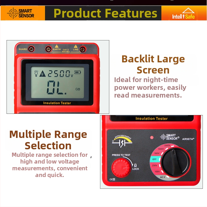 AR907A+ digitálny vysokonapäťový megohmmetr na meranie izolačného odporu, testovacie napätie 2500V, presnosť ±5%