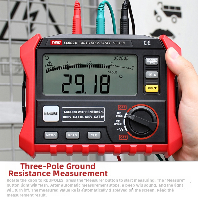 TA862A Merač uzemňovacieho odporu a napätia – Vysoko presný digitálny displej – Napájanie: batéria 8×5