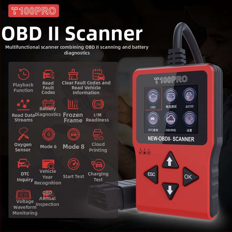 OBD2 automobilový diagnostický prístroj s Elm327 rozhraním, diagnostika porúch motora a batérie, čítanie kódov, model T100pro, 12V