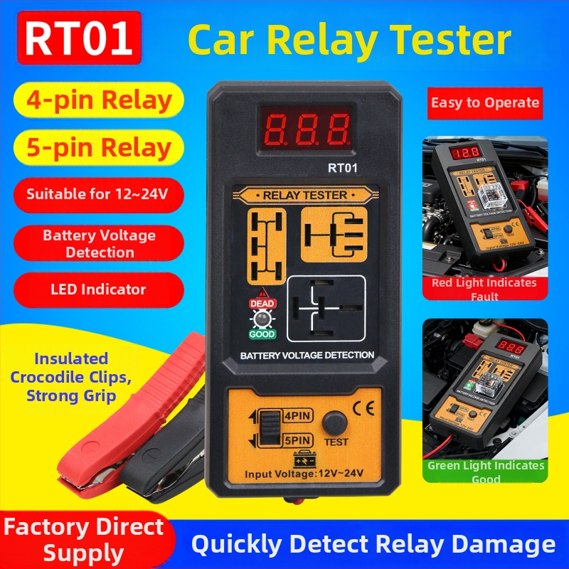 RT01 Diagnostický tester relé pre vozidlá, 12V–24V, štyri a päť pinov, digitálny displej, analyzátor relé