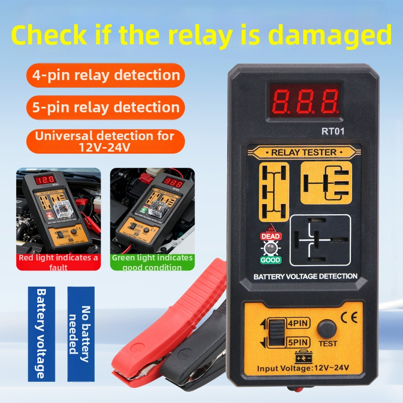 RT01 Diagnostický tester relé pre vozidlá, 12V–24V, štyri a päť pinov, digitálny displej, analyzátor relé