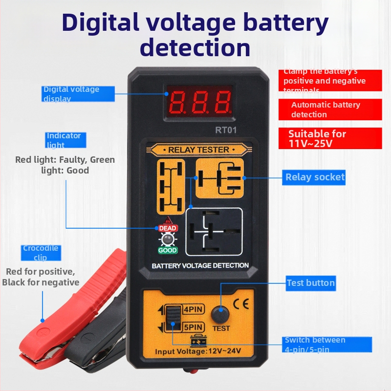 RT01 Diagnostický tester relé pre vozidlá, 12V–24V, štyri a päť pinov, digitálny displej, analyzátor relé