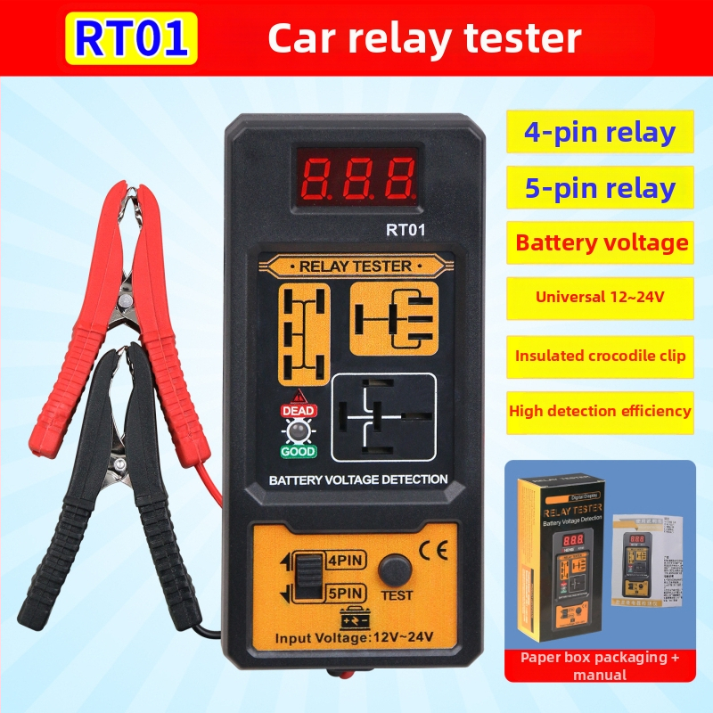 RT01 Diagnostický tester relé pre vozidlá, 12V–24V, štyri a päť pinov, digitálny displej, analyzátor relé